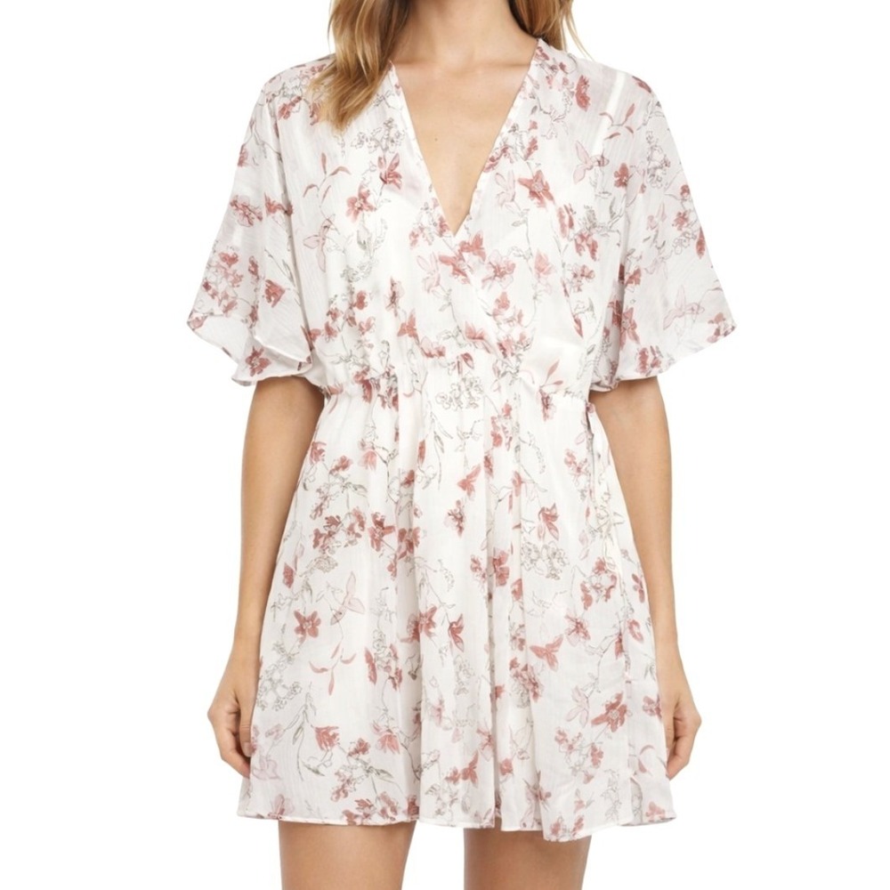 Lulus Cream Floral V-Neck Butterfly Sleeve Mini Dress PD2410‎ Womens Size Large